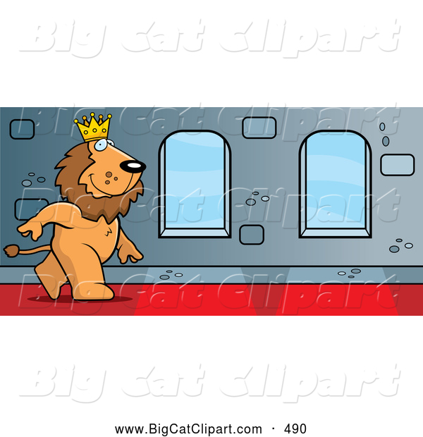 Big Cat Vector Clipart of a Smiling King Lion Character Walking down a Hallway in a Castle