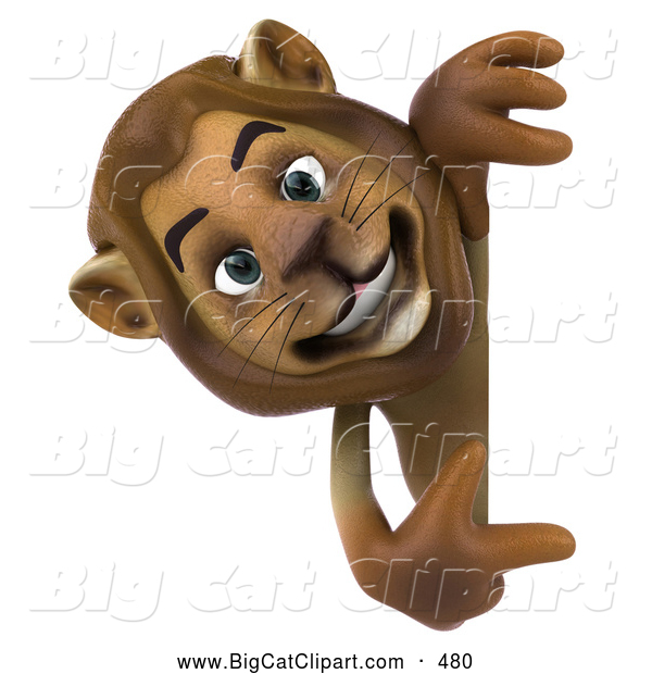 Big Cat Vector Clipart of a Smiling Lion Character Pointing to and Looking Around a Blank Sign
