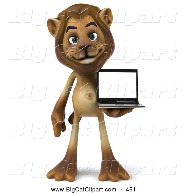 Big Cat Vector Clipart of a Smiling Lion Character Presenting a Laptop