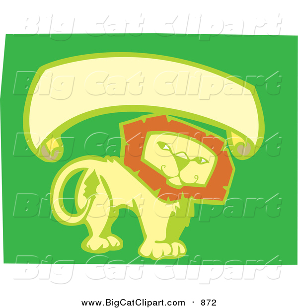 Big Cat Vector Clipart of a Smiling Lion with Blank Banner - Green, Yellow, Orange Colors