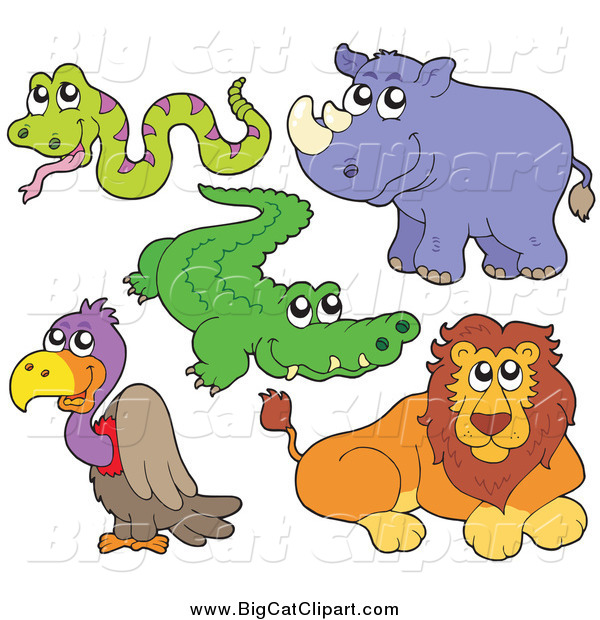 Big Cat Vector Clipart of a Snake, Alligator, Rhino, Vulture and Lion