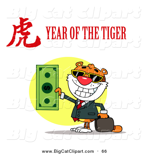 Big Cat Vector Clipart of a Successful Tiger Holding Cash Money with a Year of the Tiger Chinese Symbol and Text