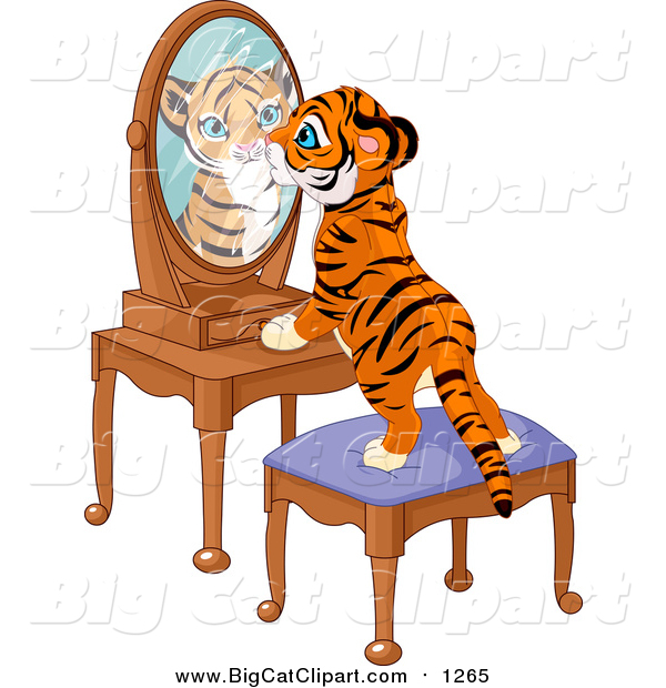 Big Cat Vector Clipart of a Tiger Cub Standing on a Stool and Looking Curiously in His Reflectin in a Mirror