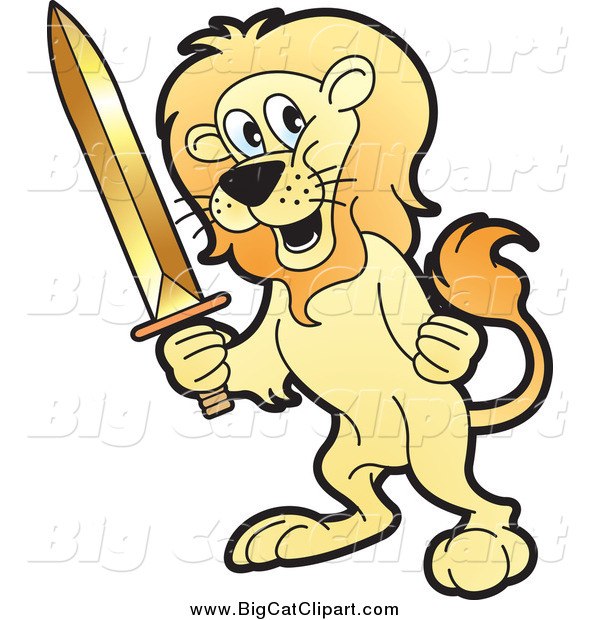 Big Cat Vector Clipart of a Tough Lion Holding a Sword