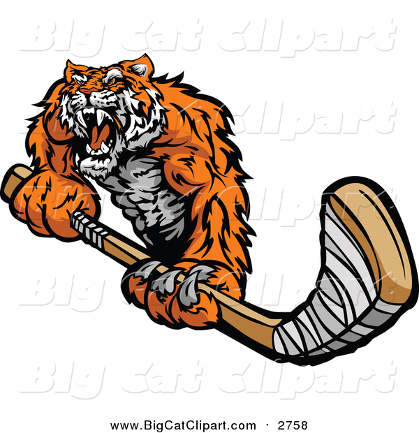 Big Cat Vector Clipart of a Tough Tiger Holding a Hockey Stick
