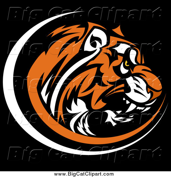 Big Cat Vector Clipart of a Vicious Tiger Head Profile Mascot on Black