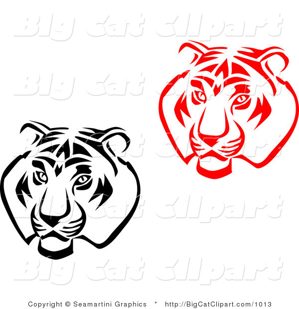 Big Cat Vector Clipart of Black and White and Red Tiger Faces