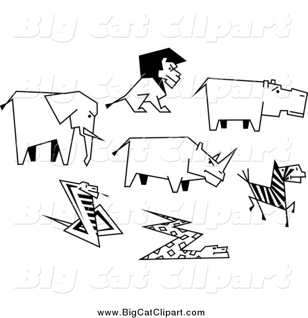Big Cat Vector Clipart of Black and White Drawn African Animals