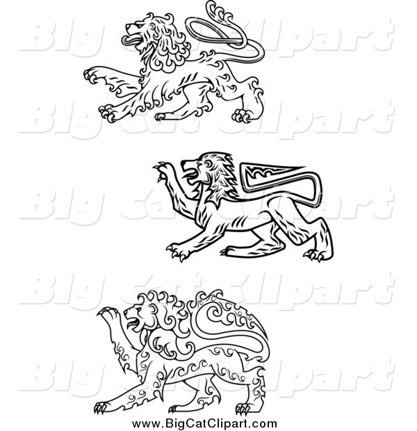 Big Cat Vector Clipart of Black and White Heraldic Lions