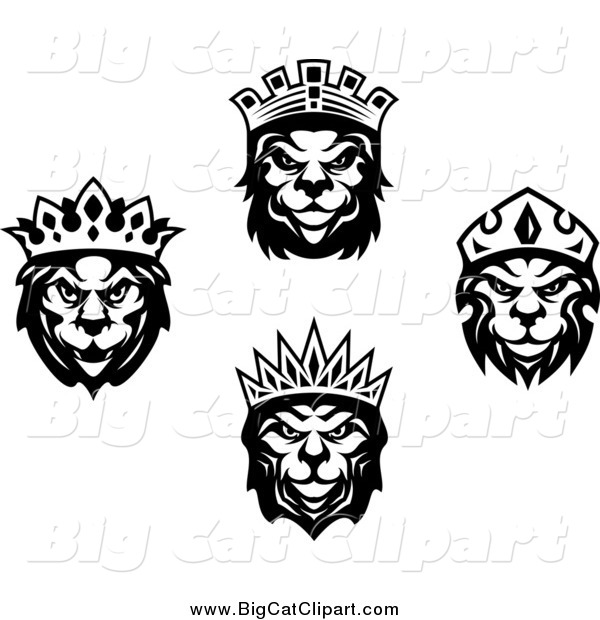 Big Cat Vector Clipart of Black and White Heraldic Lions Wearing Crowns