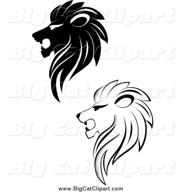 Big Cat Vector Clipart of Black and White Lion Heads