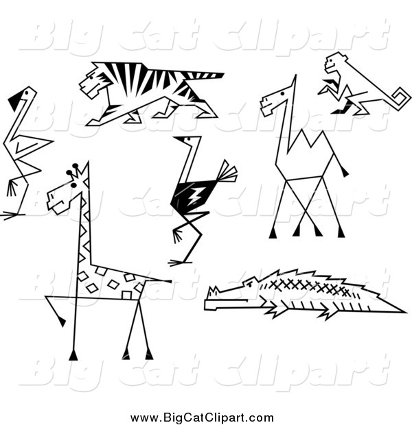 Big Cat Vector Clipart of Black and White Sketches of Zoo Animals