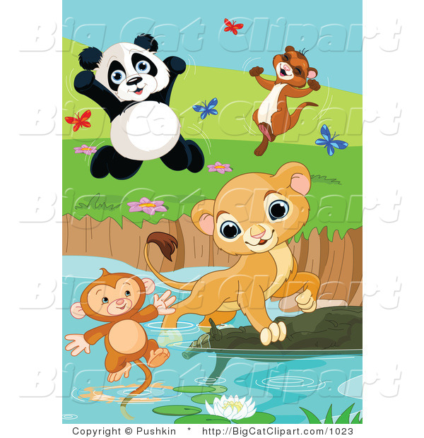 Big Cat Vector Clipart of Cute Animals Saving a Monkey at a Pond