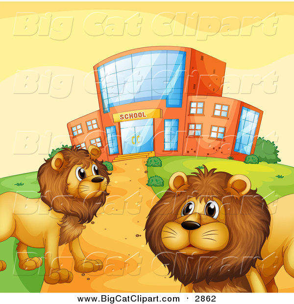 Big Cat Vector Clipart of Male Lions by a School Building