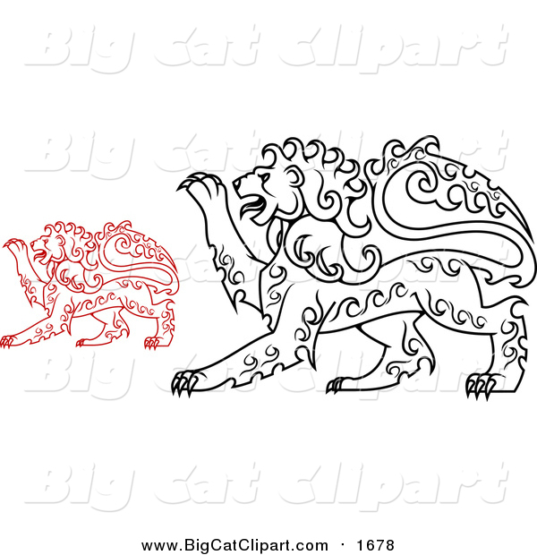 Big Cat Vector Clipart of Red and Black Curly Haired Heraldic Lions