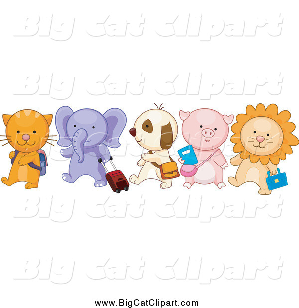 Big Cat Vector Clipart of School Animals Walking in Line; Cat, Elephant, Puppy, Piglet and Lion