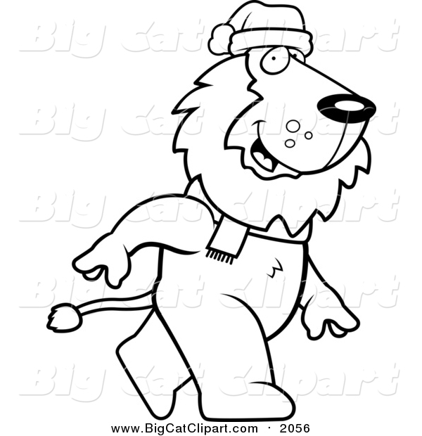 Cartoon Vector Clipart of a Christmas Lion Walking - Outlined Version