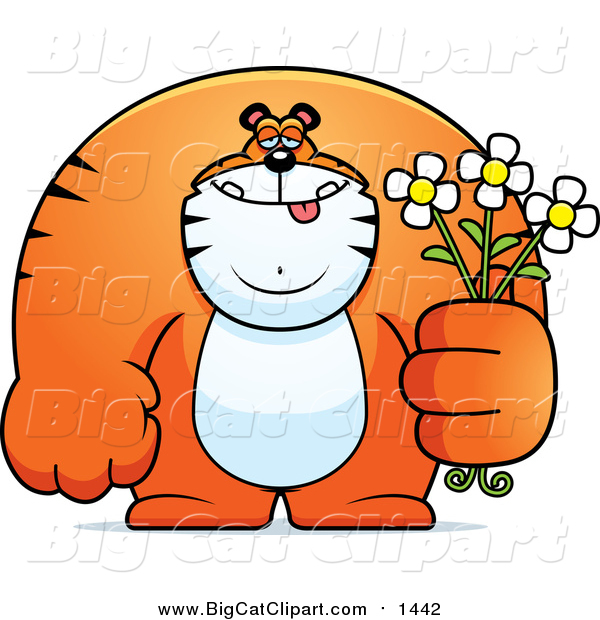 Cartoon Vector Clipart of a Gentle Big Tiger Posing with Flowers - Cartoon Style
