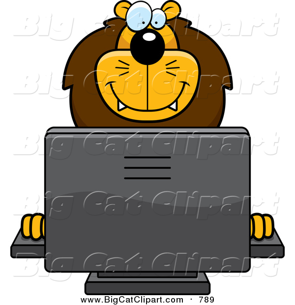Cartoon Vector Clipart of a Happy Male Lion Using a Desktop Computer