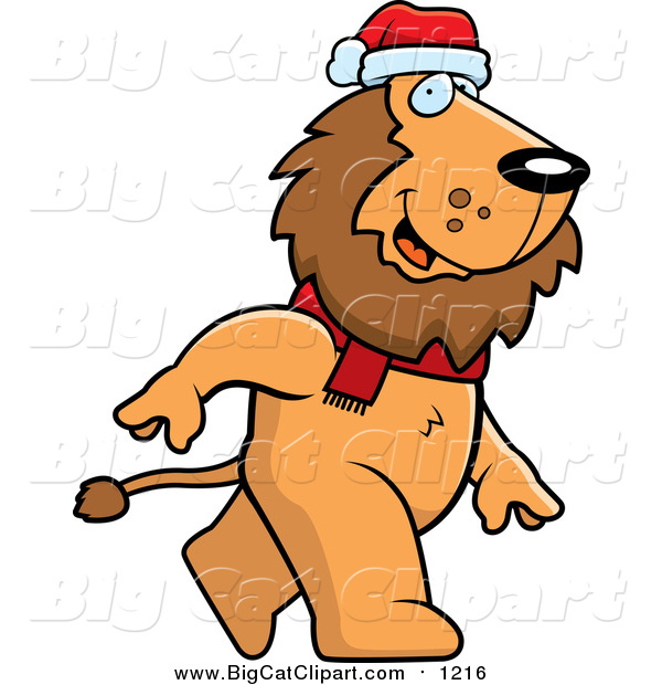 Cartoon Vector Clipart of a Lion Wearing Santa Hat