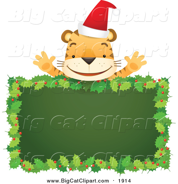 Cartoon Vector Clipart of a Santa Tiger Above Blank Holly Sign