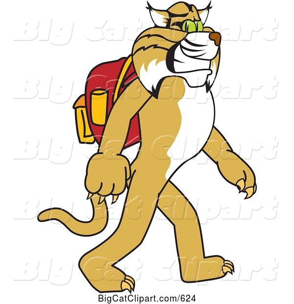 Vector Clipart of a Cartoon Bobcat Mascot Walking to School
