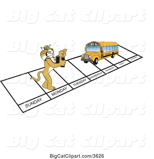 Vector Clipart of a Cartoon Bobcat School Mascot and Bus over Week Days, Symbolizing Being Proactive