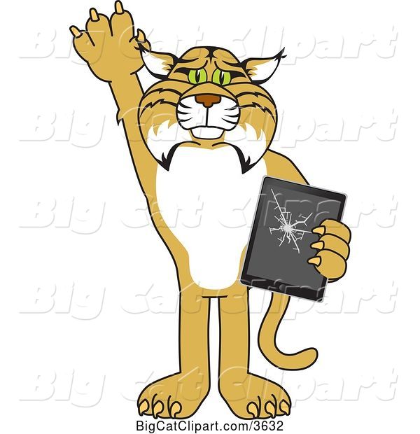 Vector Clipart of a Cartoon Bobcat School Mascot Confessing to Breaking a Tablet, Symbolizing Integrity