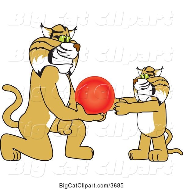 Vector Clipart of a Cartoon Bobcat School Mascot Giving a Ball to a Cub, Symbolizing Compassion