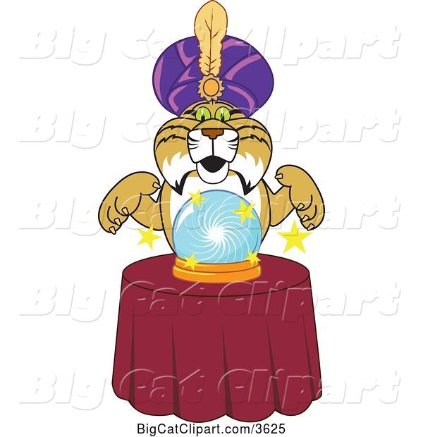 Vector Clipart of a Cartoon Bobcat School Mascot Gypsy Looking into a Crystal Ball, Symbolizing Being Proactive