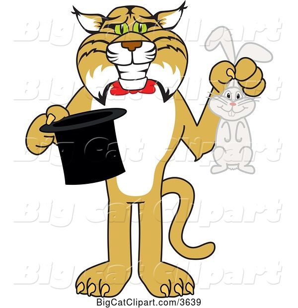 Vector Clipart of a Cartoon Bobcat School Mascot Holding a Rabbit and a Magic Hat, Symbolizing Being Resourceful