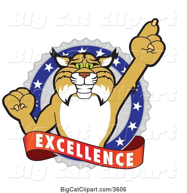 Vector Clipart of a Cartoon Bobcat School Mascot Holding up a Finger in an Excellence Badge
