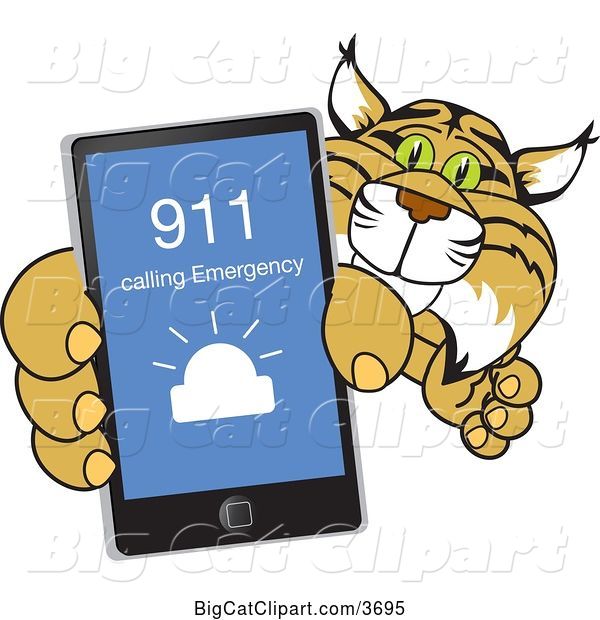 Vector Clipart of a Cartoon Bobcat School Mascot Holding up a Smart Phone with an Emergency Screen, Symbolizing Safety