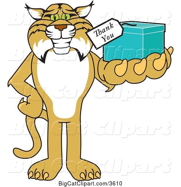 Vector Clipart of a Cartoon Bobcat School Mascot Holding up a Thank You Gift, Symbolizing Gratitude