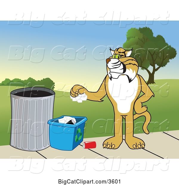 Vector Clipart of a Cartoon Bobcat School Mascot Recycling, Symbolizing Integrity, Against a Park Landscape