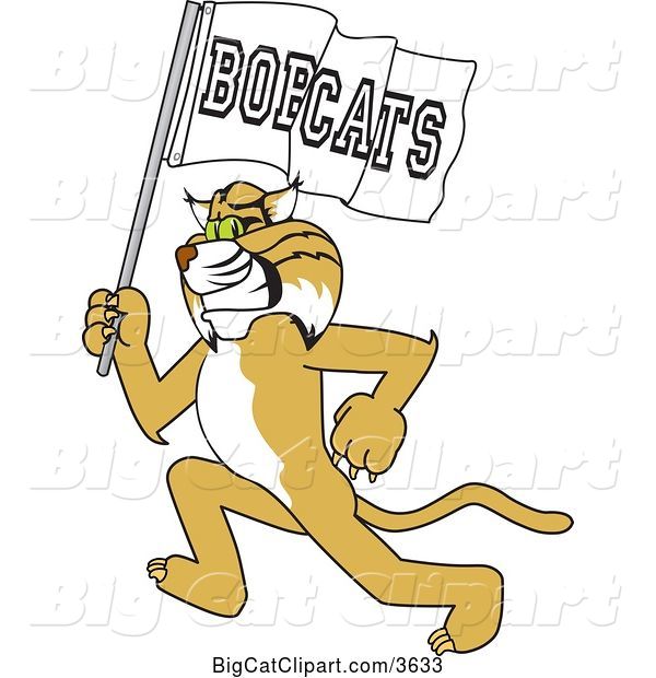 Vector Clipart of a Cartoon Bobcat School Mascot Running with a Team Flag, Symbolizing Pride