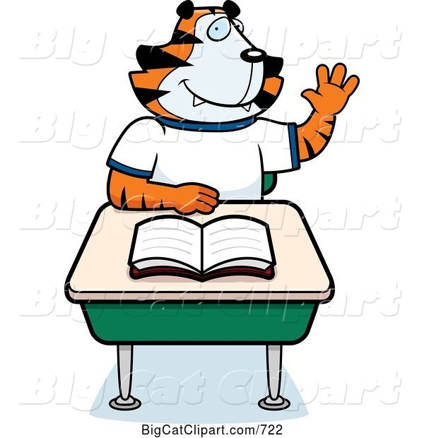 Vector Clipart of a Cartoon Tiger Student Raising His Hand at a Desk
