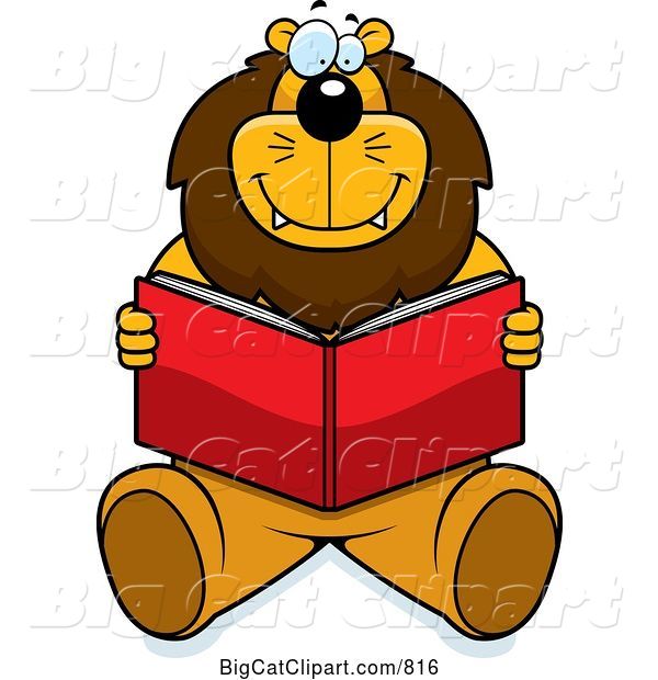Vector Clipart of a Happy Cartoon Big Lion Sitting and Reading a Book