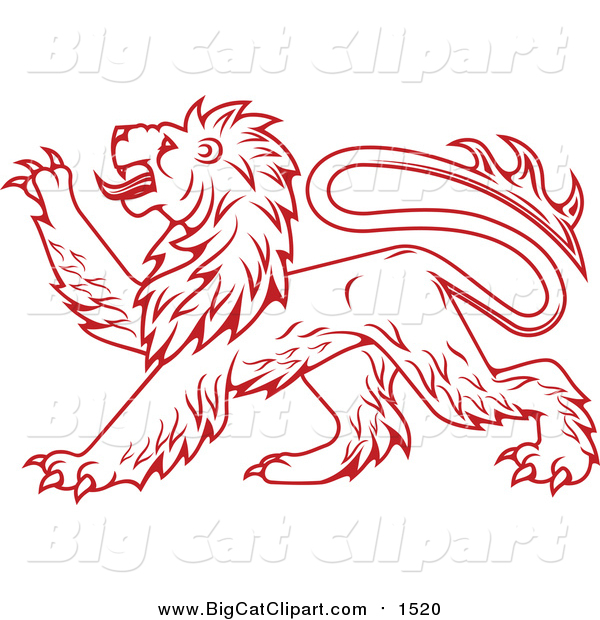 Vector Clipart of a Heraldic Lion Clawing Outwards with Paw - Red Outlined Version