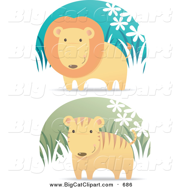 Vector Clipart of a Lion and Cute Tiger in Grass