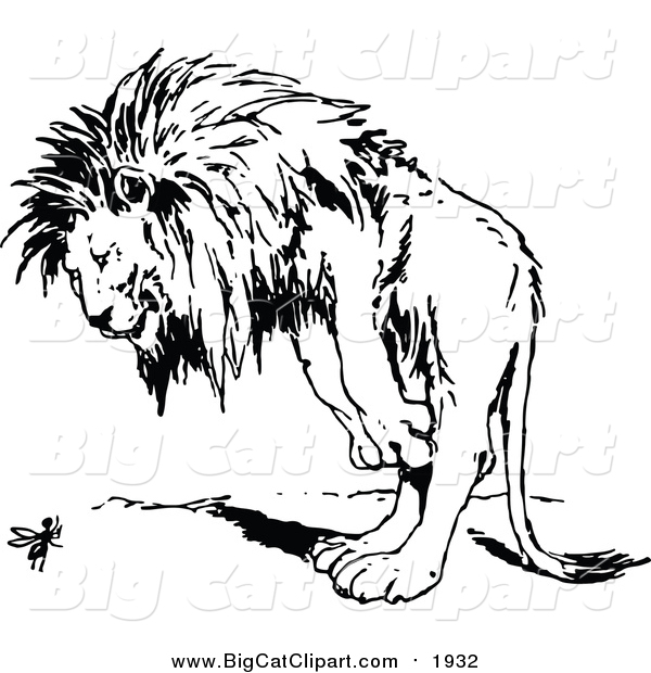 Vector Clipart of a Lion Looking at a Bug with Wings - Black Outline