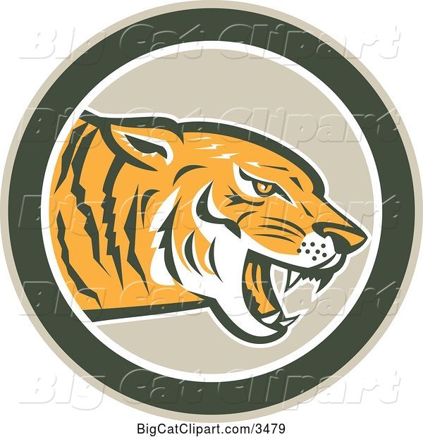 Vector Clipart of a Retro Growling Tiger in a Green Circle