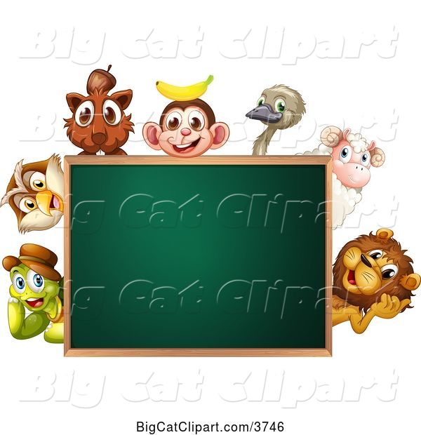 Vector Clipart of Animals Around a Blank Chalkboard