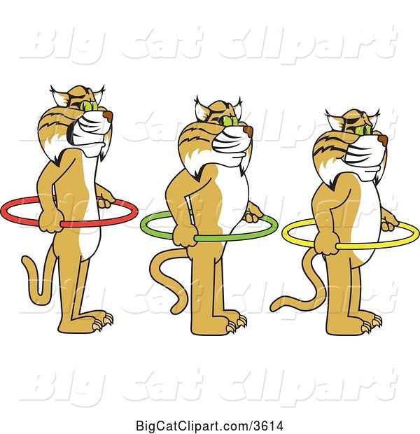 Vector Clipart of Cartoon Bobcat School Mascots Holding Hoops and Standing in Line, Symbolizing Respect of Personal Space