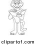 Big Cat Cartoon Vector Clipart of a Black and White Outline of a Panther Character Mascot Reading by Mascot Junction