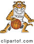 Big Cat Cartoon Vector Clipart of a Cheerful Tiger Character School Mascot Playing Basketball by Toons4Biz