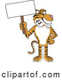 Big Cat Cartoon Vector Clipart of a Cheerful Tiger Character School Mascot with a Blank Sign by Toons4Biz