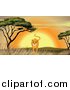 Big Cat Cartoon Vector Clipart of a Cheetah Walking by an Acacia Tree at Sunset by Graphics RF