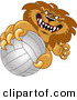 Big Cat Cartoon Vector Clipart of a Comeptitive Lion Character Mascot Grabbing a Volleyball by Toons4Biz