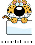 Big Cat Cartoon Vector Clipart of a Cute Leopard Cub over a Blank Sign by Cory Thoman